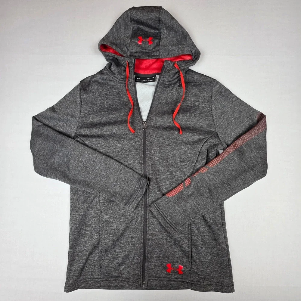 Under Armour ColdGear 1325145 Full Zip Hoodie Mens Medium Gray Red Polyester